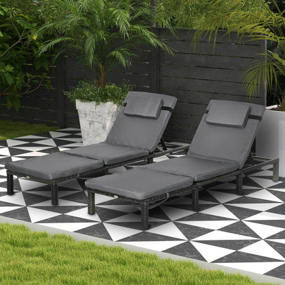 2 Pieces Rattan Sun Loungers w/ Padded Cushion for Poolside Dark Grey