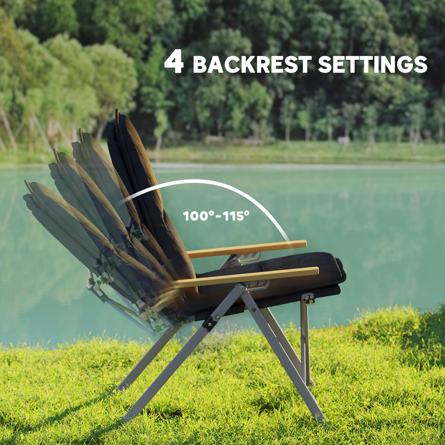 Padded Camp Chair Outdoor High Back Folding Recliner with Bag Black
