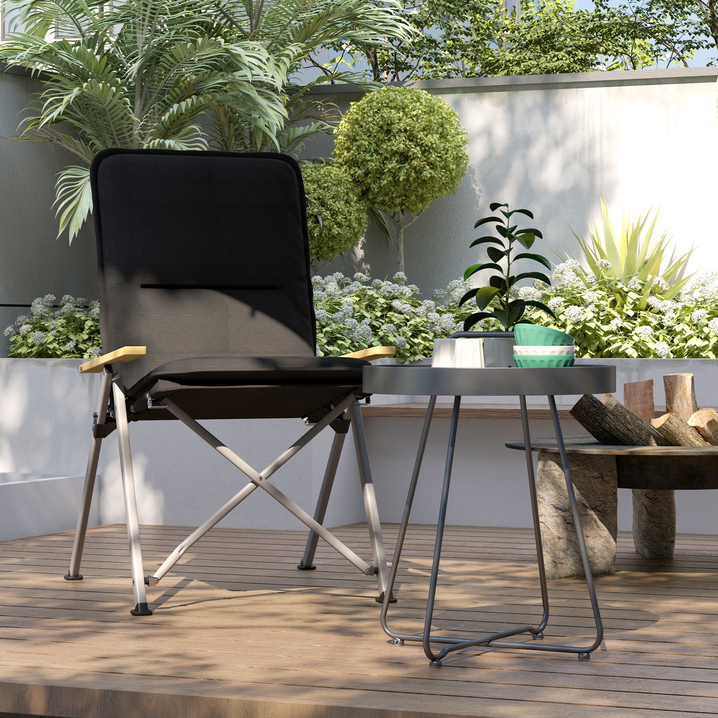 Padded Camp Chair Outdoor High Back Folding Recliner with Bag Black