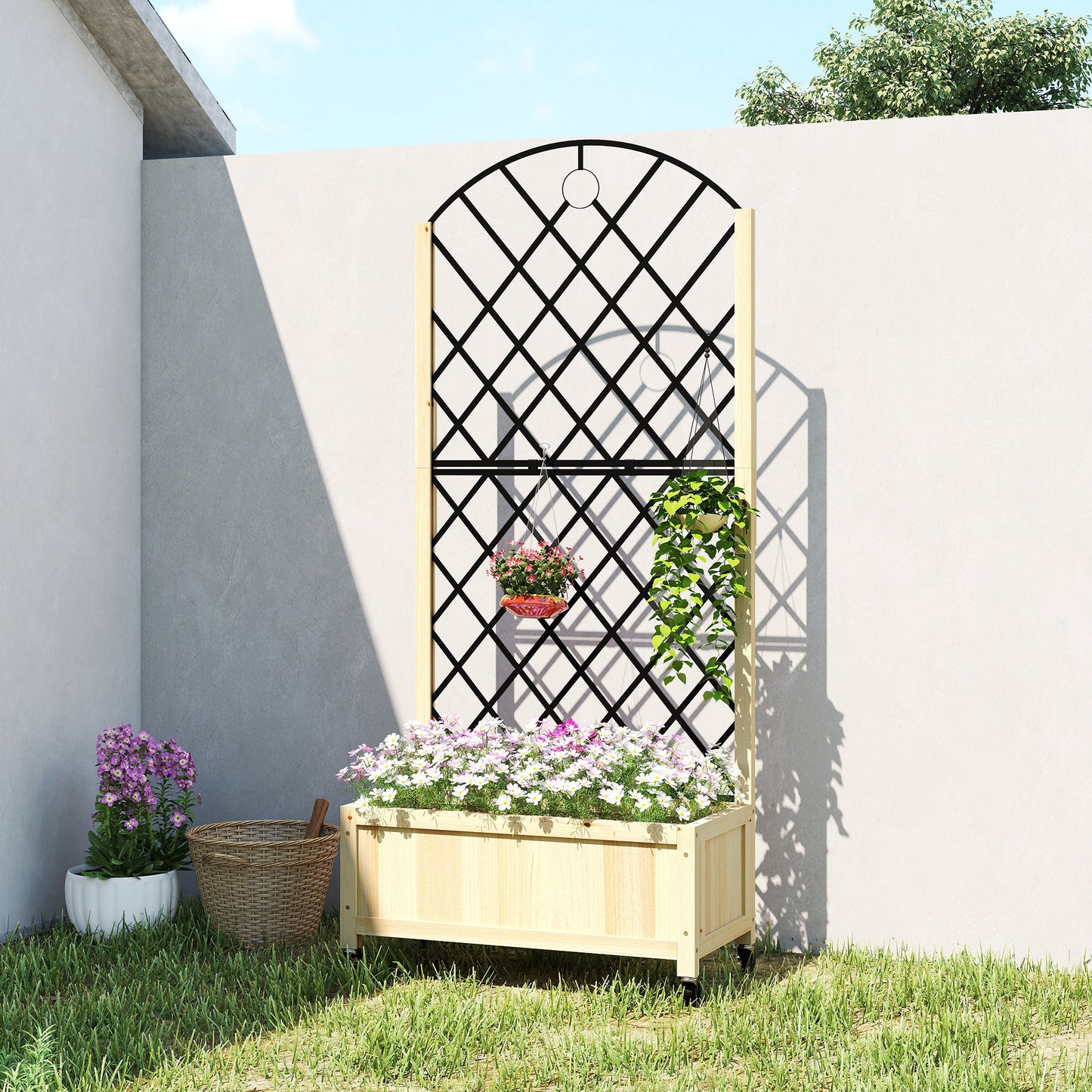 Garden Bed w/Metal Trellis, Wooden Elevated Planter Box, Natural