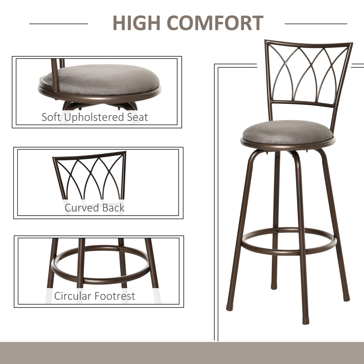 Set of 2 Bar Chairs Swivel Armless Upholstered Metal Frame Barstools
