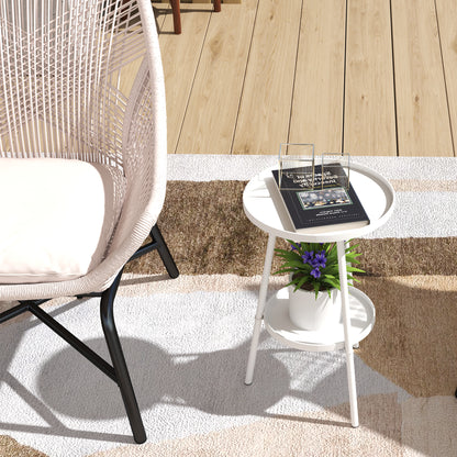 Round Garden Table, 2-Tier Metal Patio Table Coffee Table, White