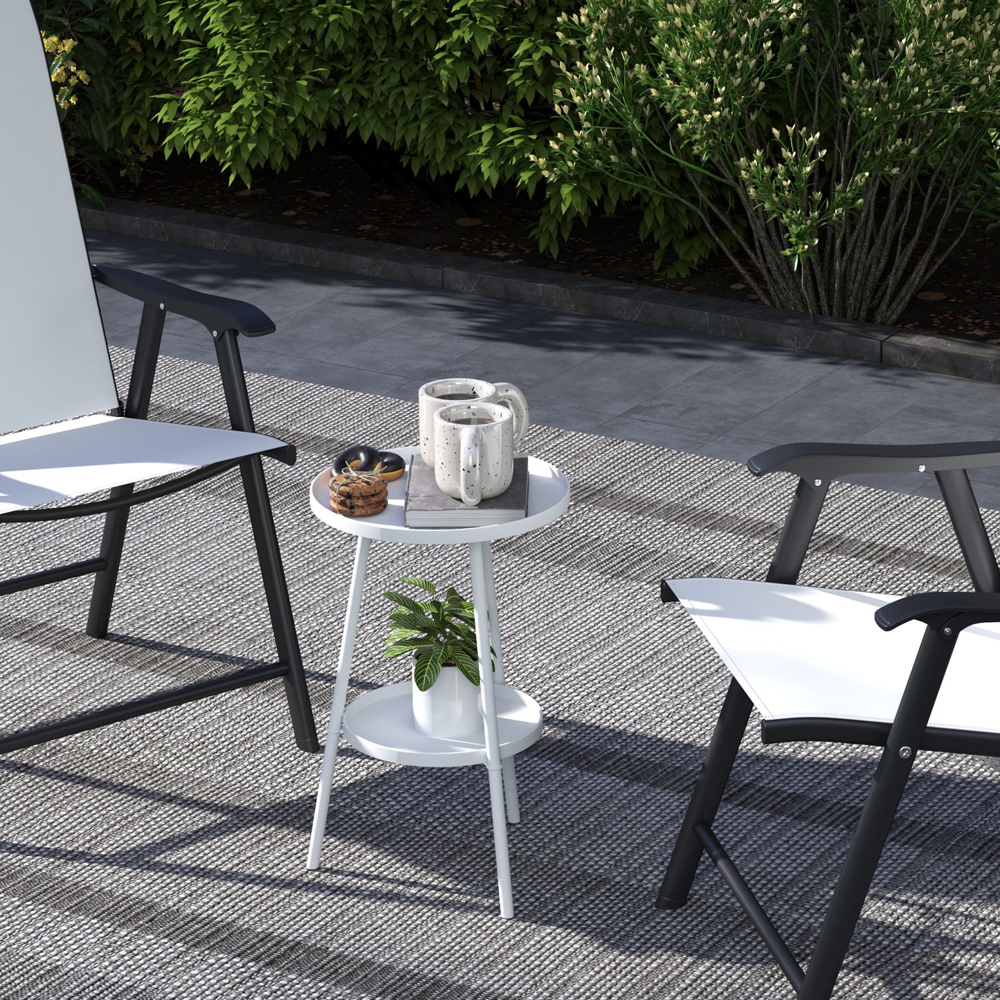 Round Garden Table, 2-Tier Metal Patio Table Coffee Table, White