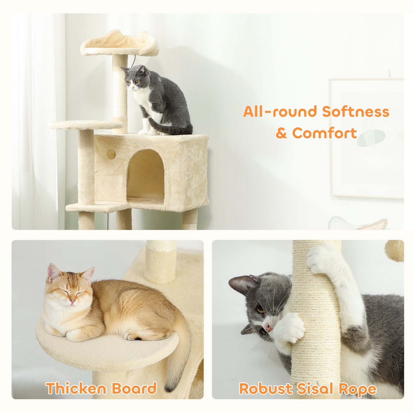 140cm Cat Tree Tower with Sisal Scratching Posts, Condos, Beige