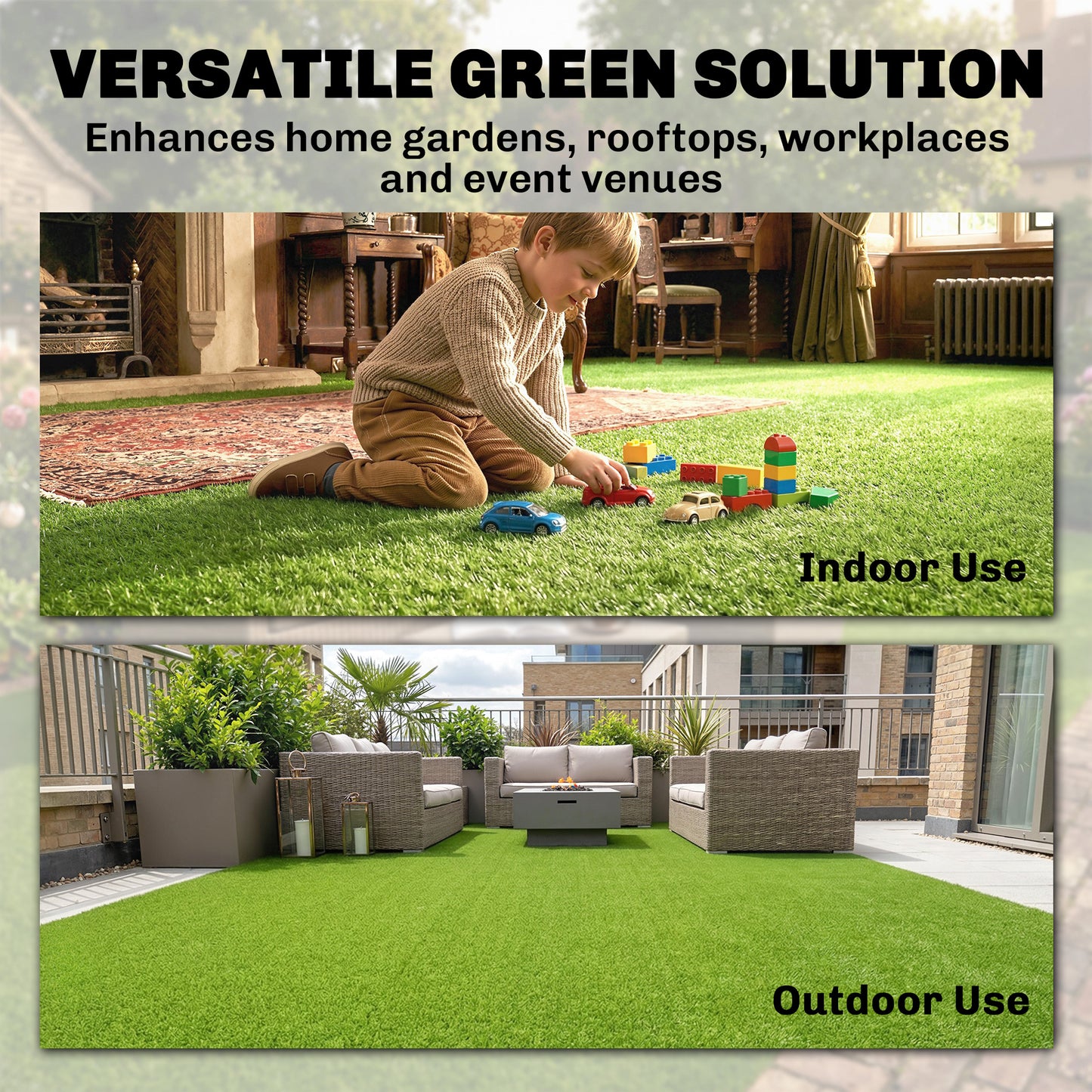 2pcs Artificial Grass Turf with Self-draining 1m x 4m Green
