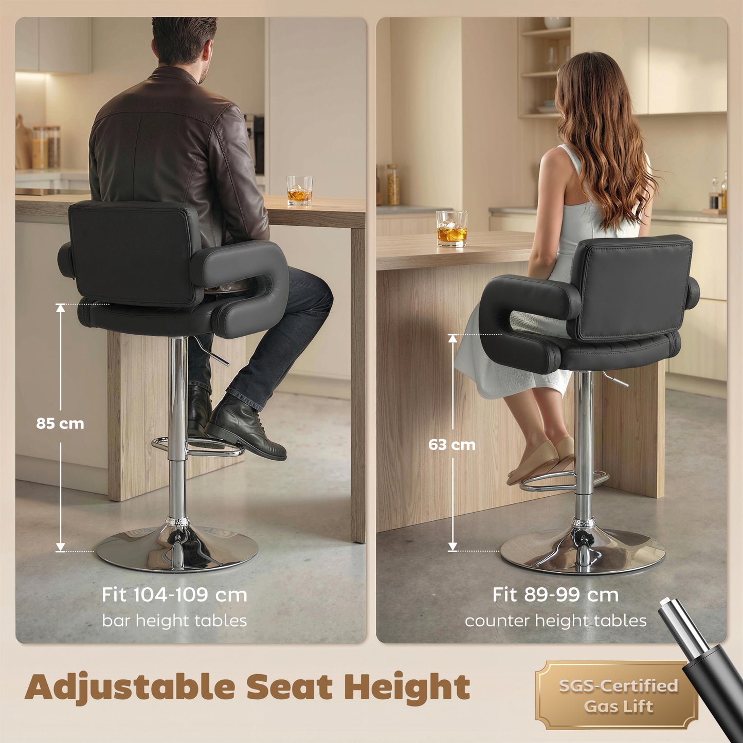 Bar Stools Adjustable Swivel with Armrest Set of 2 Black