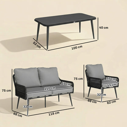 Rattan Garden Furniture Set, Tempered Glass with 3 Chairs