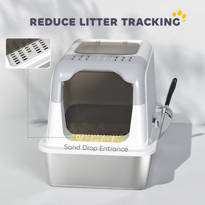Stainless Steel Litter Box, Enclosed Metal Litter Tray with Scoop