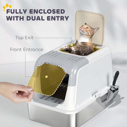 Stainless Steel Litter Box, Enclosed Metal Litter Tray with Scoop