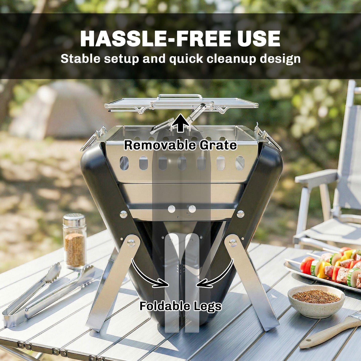 Charcoal BBQ Grill Portable with Tilting Grate Black