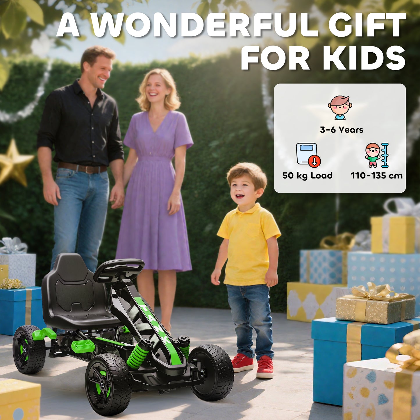 Pedal Go Kart with Automatic Clutch, for Ages 3-6 Years, Green