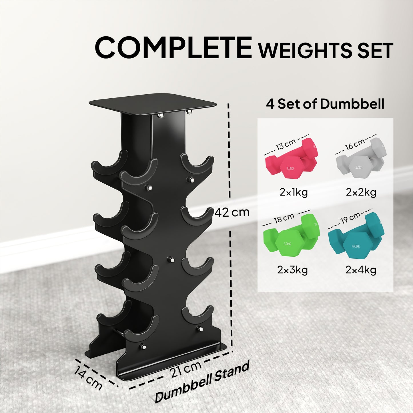 Hex Dumbbells Set with Dumbbell Rack, 1kg, 2kg, 3kg, 4kg Set