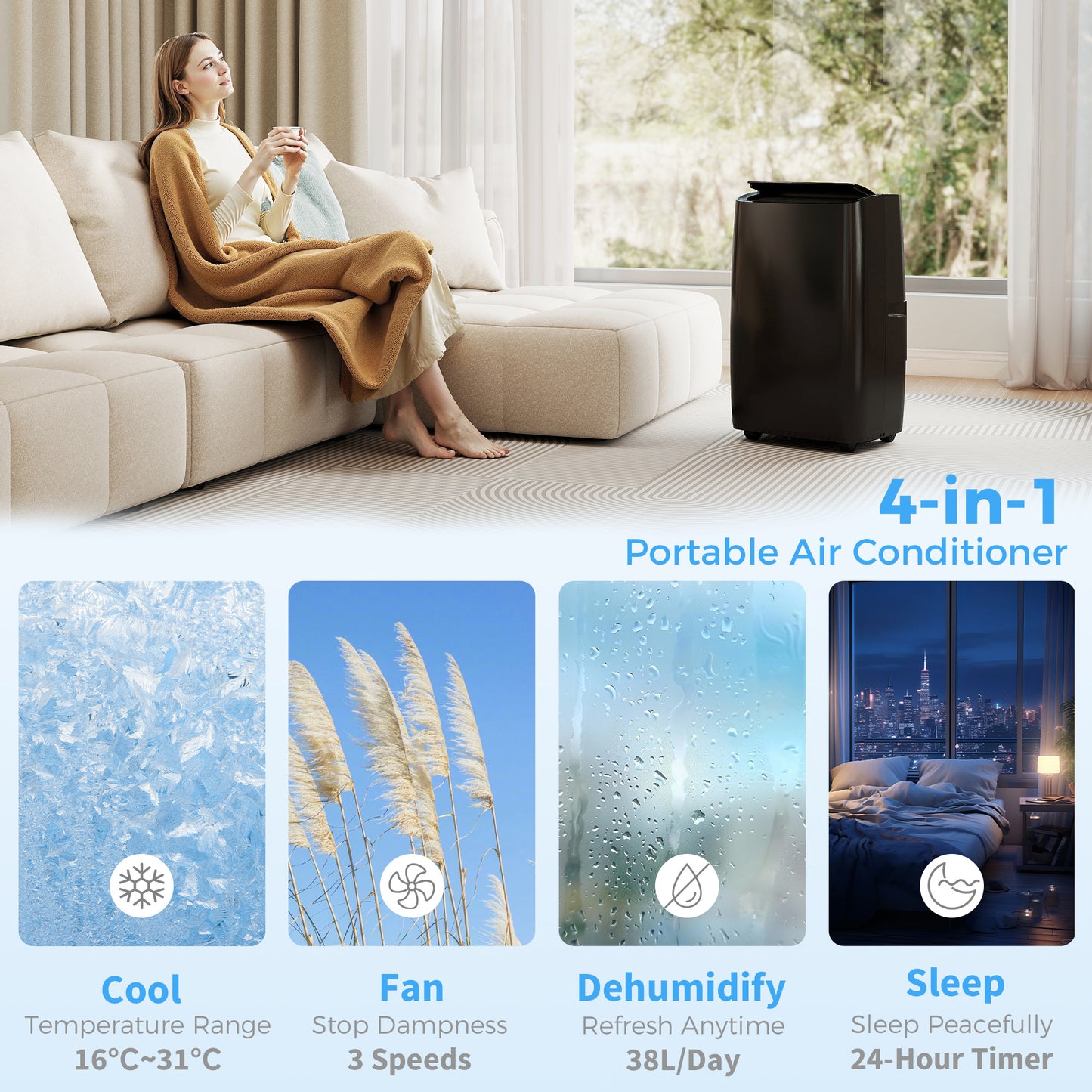 12,000 BTU Portable Air Conditioner Unit with Remote, 24H Timer, 35m²