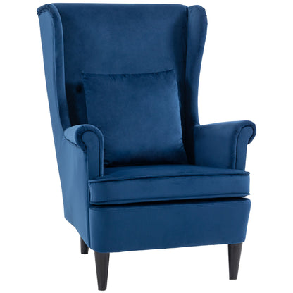 Modern Accent Chair, Upholstered Wingback Armchair with High Backrest and Pillow, Velvet-Feel Fabric Reading Chair with Solid Wood Legs for Living Room, Bedroom, Home Office, Blue