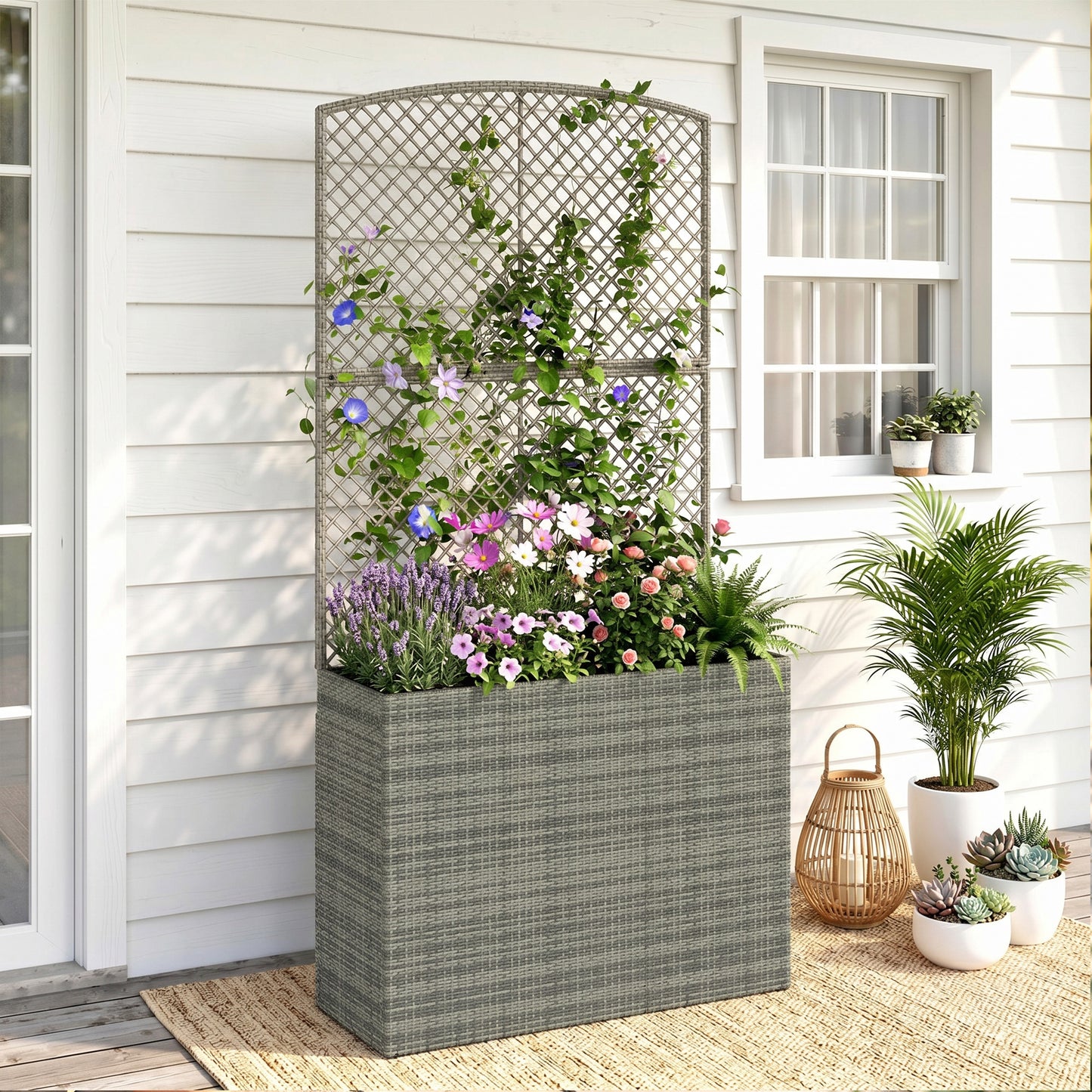 Garden Planter with Trellis, Rattan Raised Beds for Garden with Liner, Freestanding Outdoor Planter Box for Climbing Plants, Herbs, Vegetables, Flowers, 80 x 30 x 163 cm, Dark Grey