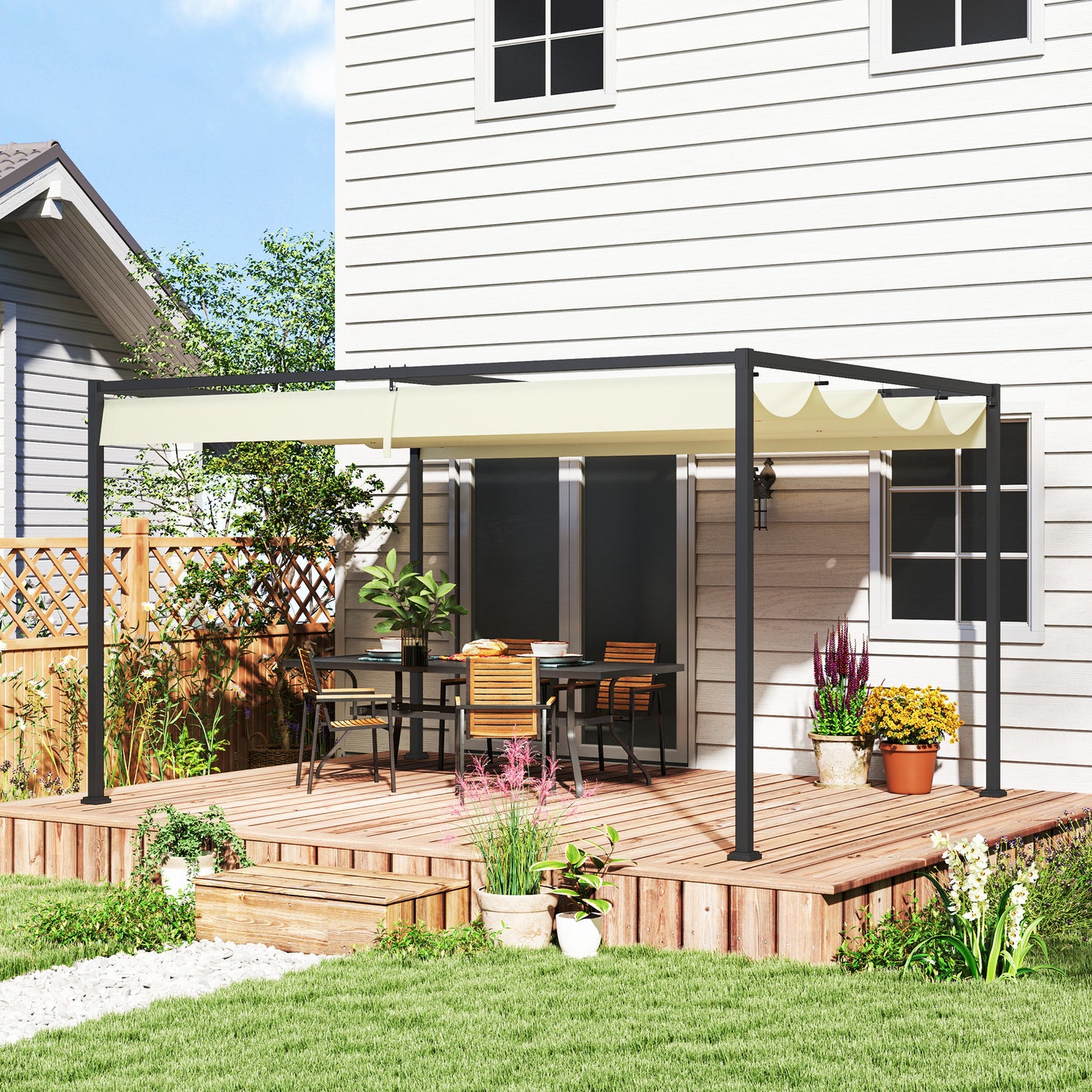 4x3m Metal Pergola Gazebo Patio Sunshelter Retractable Canopy Cream