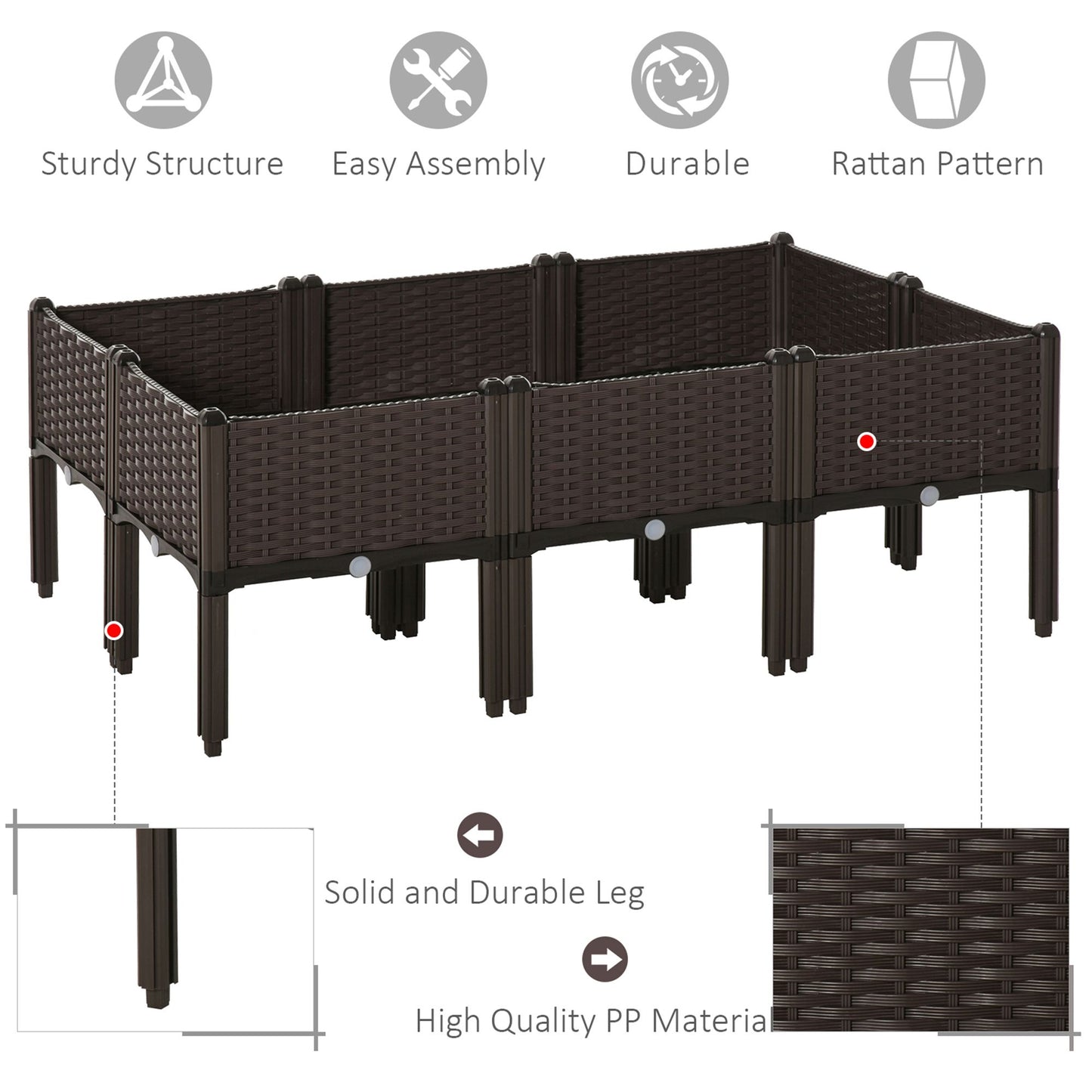 6-piece Elevated Flower Bed Vegetable Herb Planter Plastic, Brown