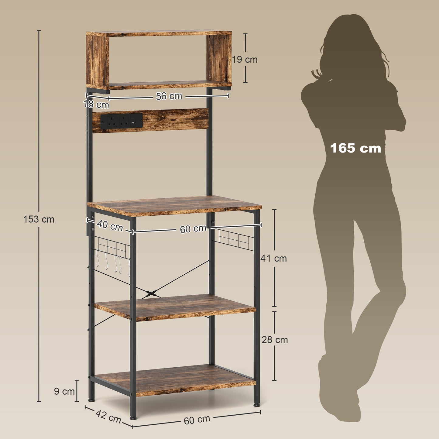 Bakers Rack with Power Outlet, 5 Hooks, Microwave Stand, Brown
