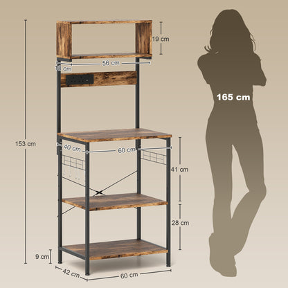 Bakers Rack with Power Outlet, 5 Hooks, Microwave Stand, Brown