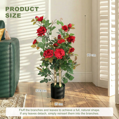 90cm Artificial Rose Tree with 344 Silk Leaves and 17 Flowers, Red