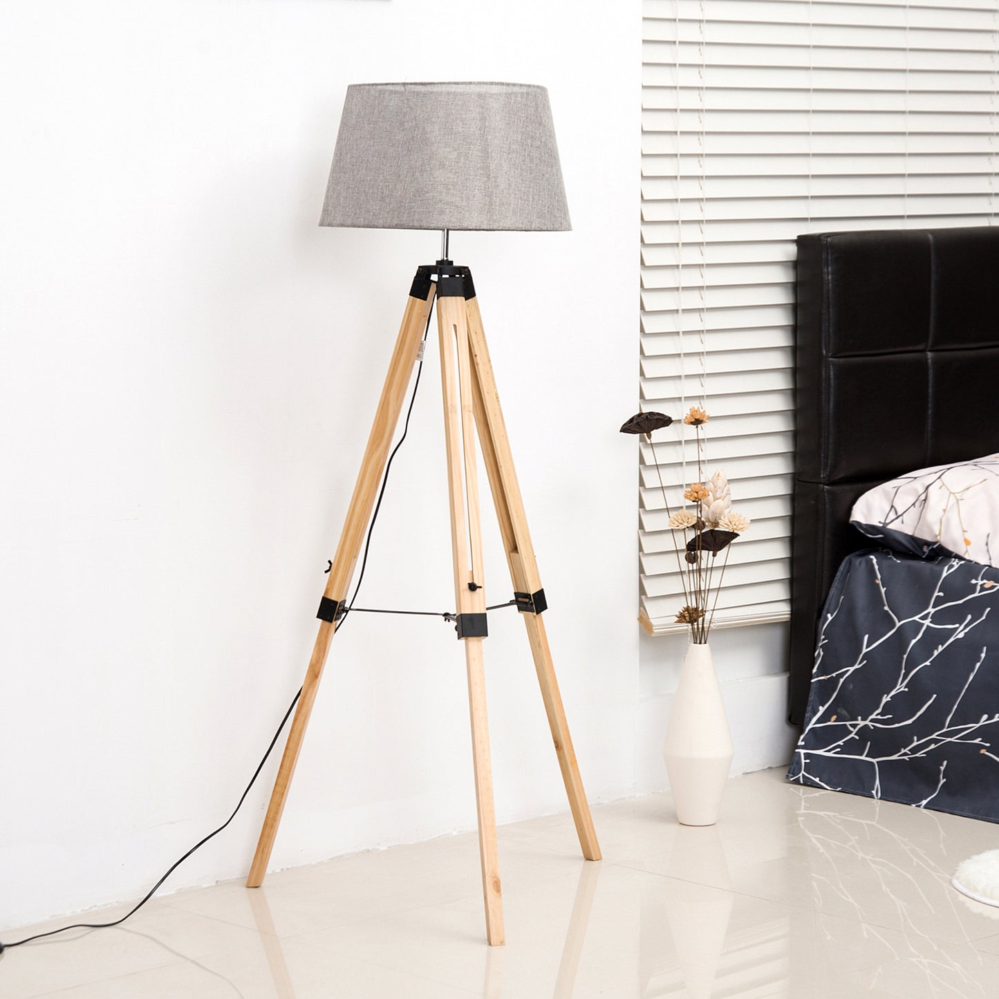 Tripod Floor Lamp w/ Linen Shade Pinewood Legs Adjustable Height Grey