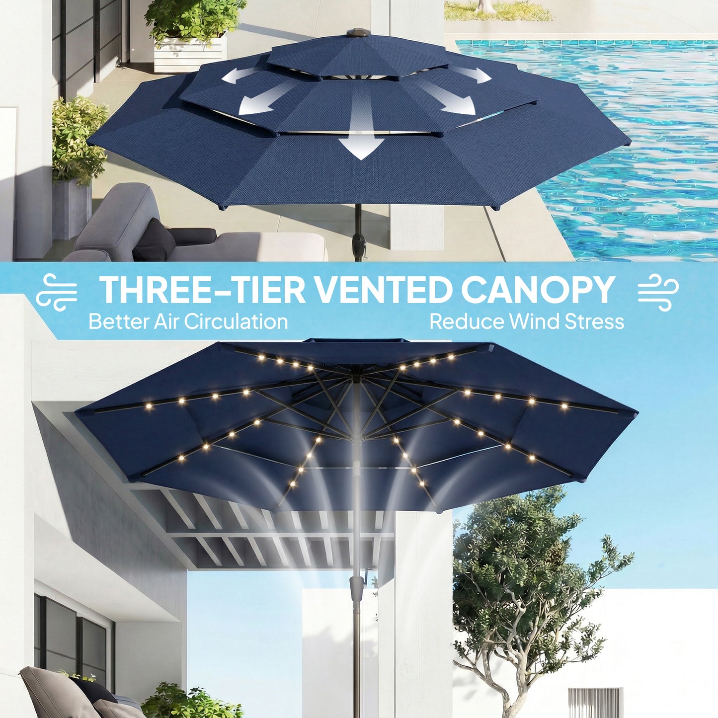 2.8 m Garden Parasol Umbrella with Light, Patio Umbrella, Navy Blue