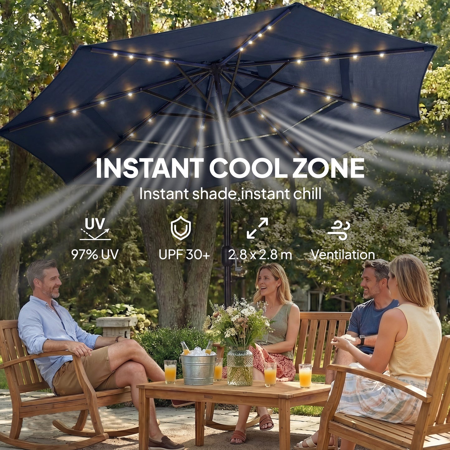 2.8 m Garden Parasol Umbrella with Light, Patio Umbrella, Navy Blue