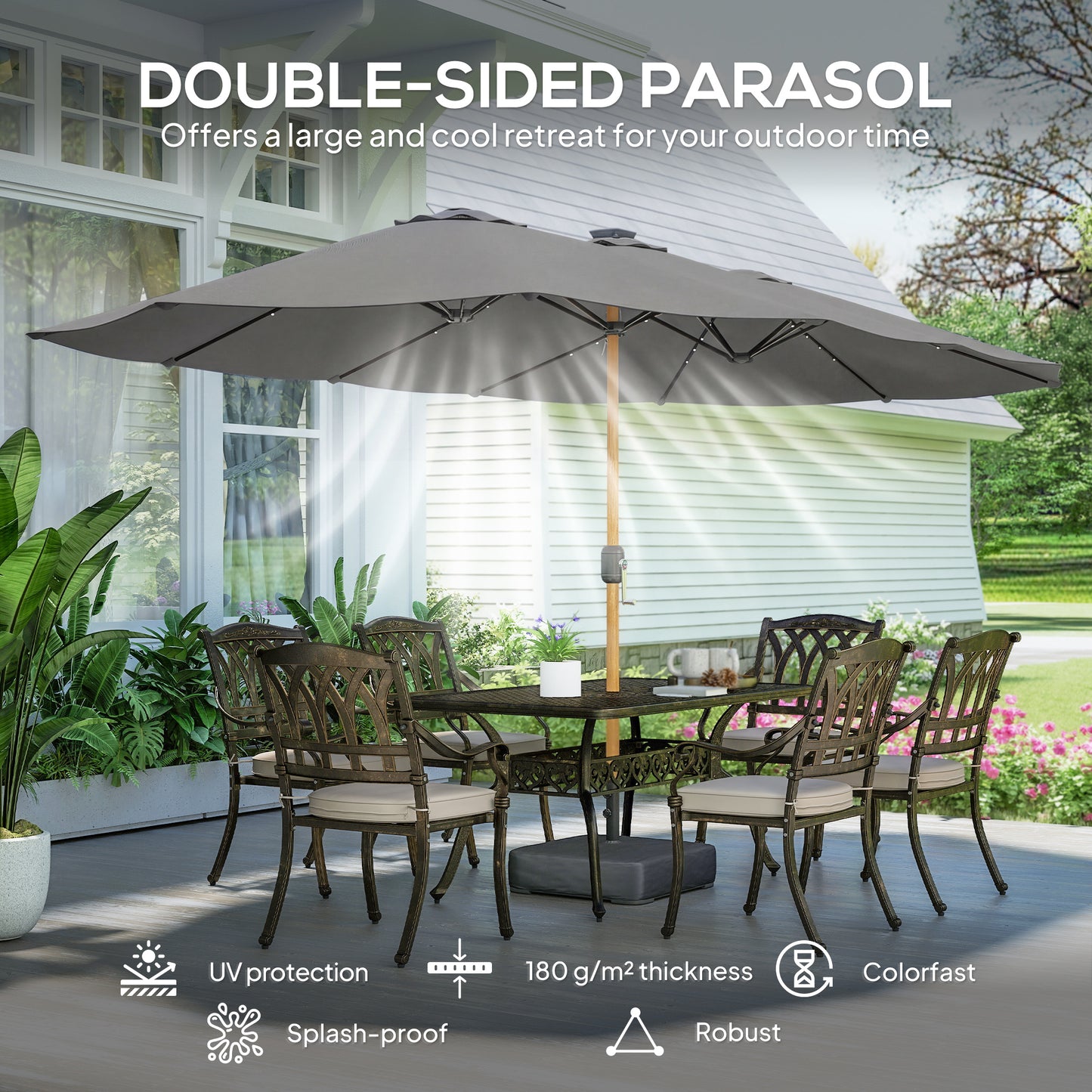 Double Sided Garden Parasol w/ 48 Solar LED Lights 4.6m Light Grey