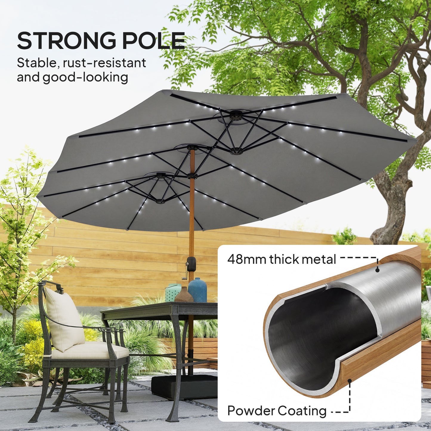 Double Sided Garden Parasol w/ 48 Solar LED Lights 4.6m Light Grey