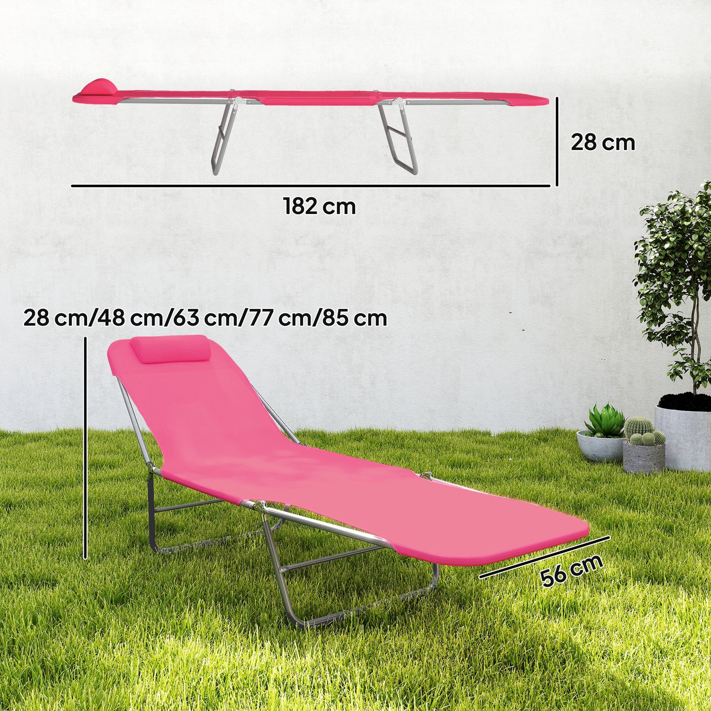 Adjustable Sun Bed Garden Lounger Recliner Relaxing Camping Pink