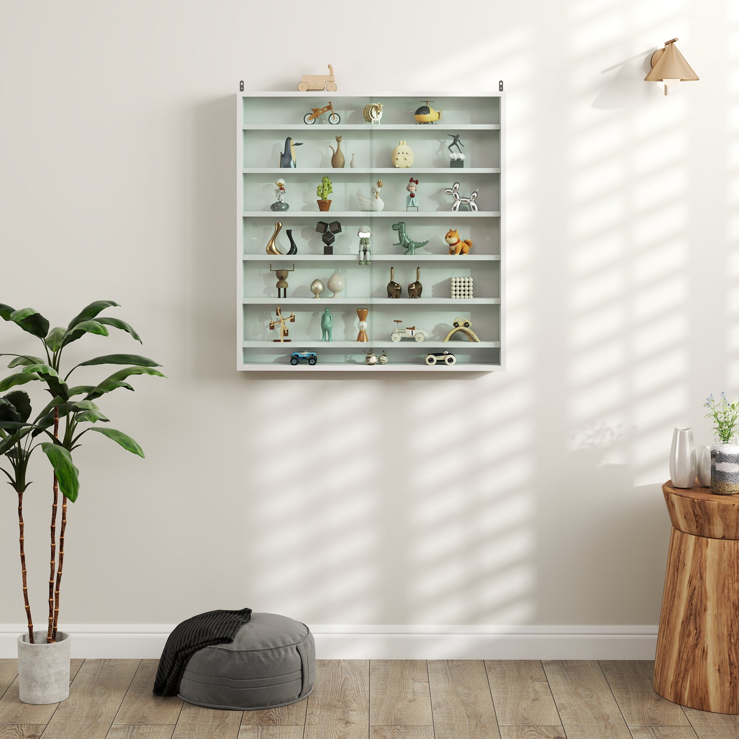 7-Tier Wall Display Cabinet w/ Shelves Glass Doors, White