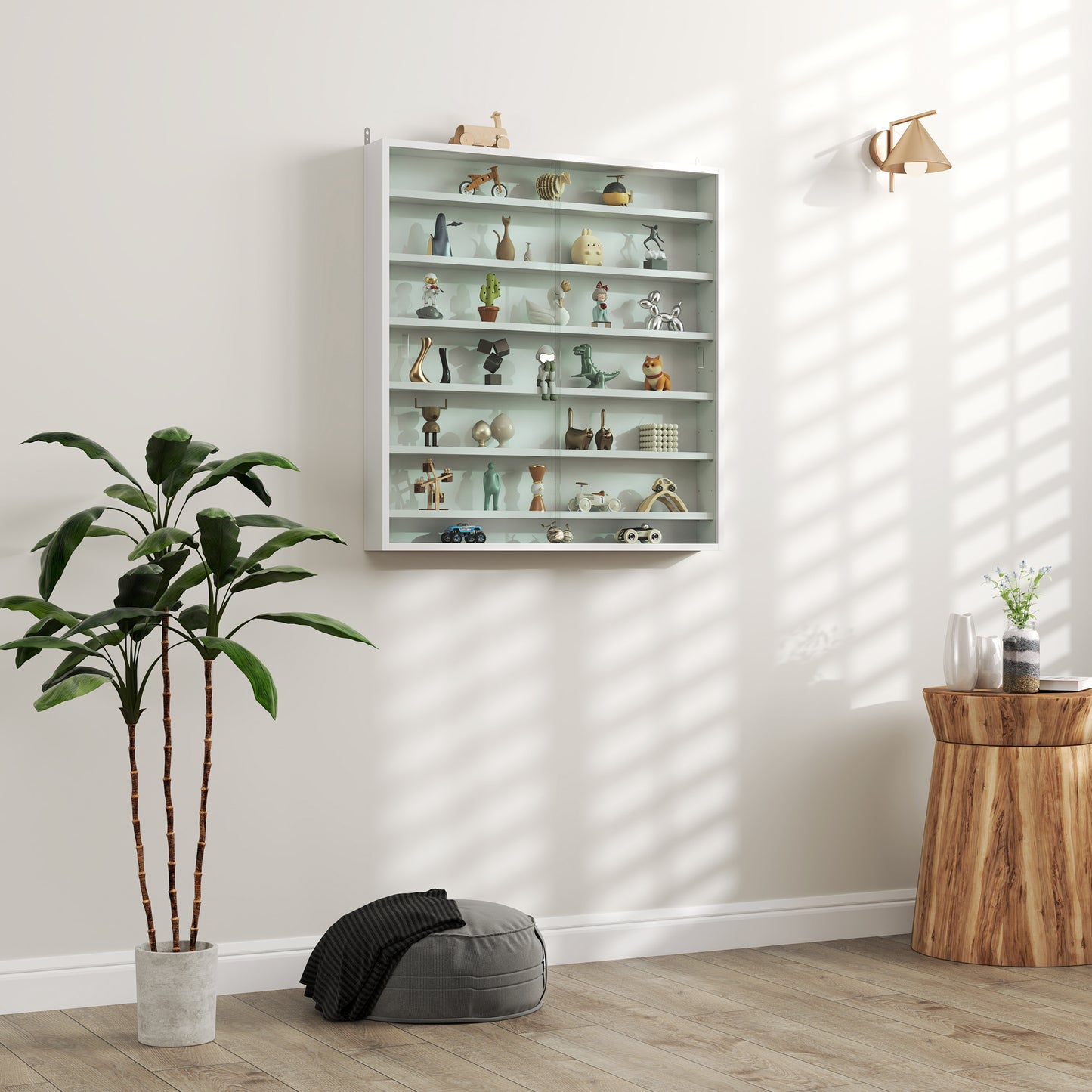 7-Tier Wall Display Cabinet w/ Shelves Glass Doors, White