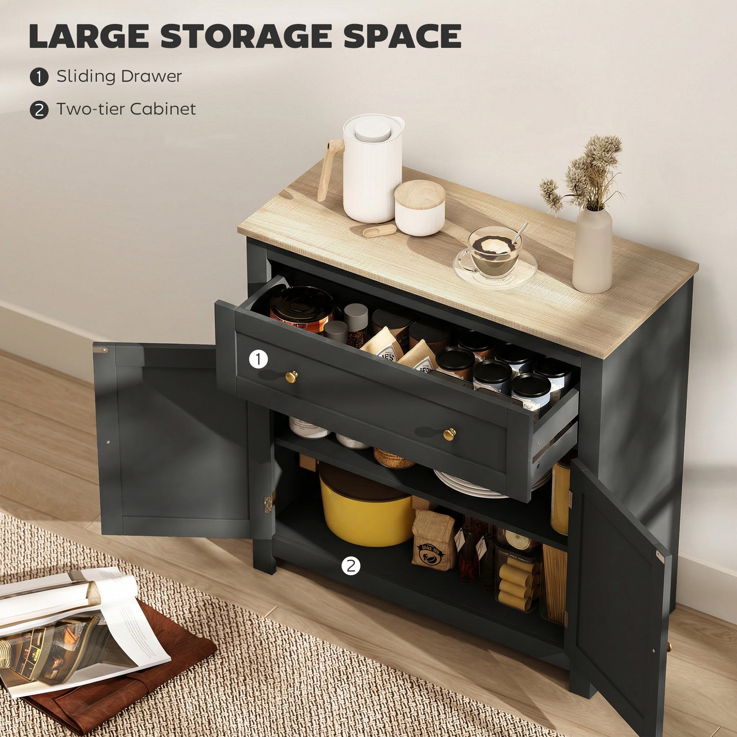 Sideboard, Kitchen Storage Cabinet w/ Adjustable Shelf, Drawer, Black