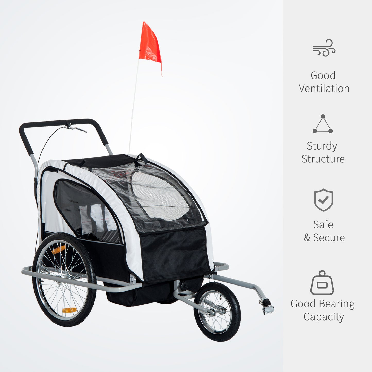 Collapsible Bike Trailer 2-Seater for Baby Bicycle with Pivot Wheel Suitable For 18 Month + Child(Black and White)