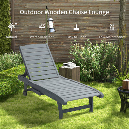Wooden Sun Lounger Outdoor Patio Sun Bed w/ Pull-out Table Grey