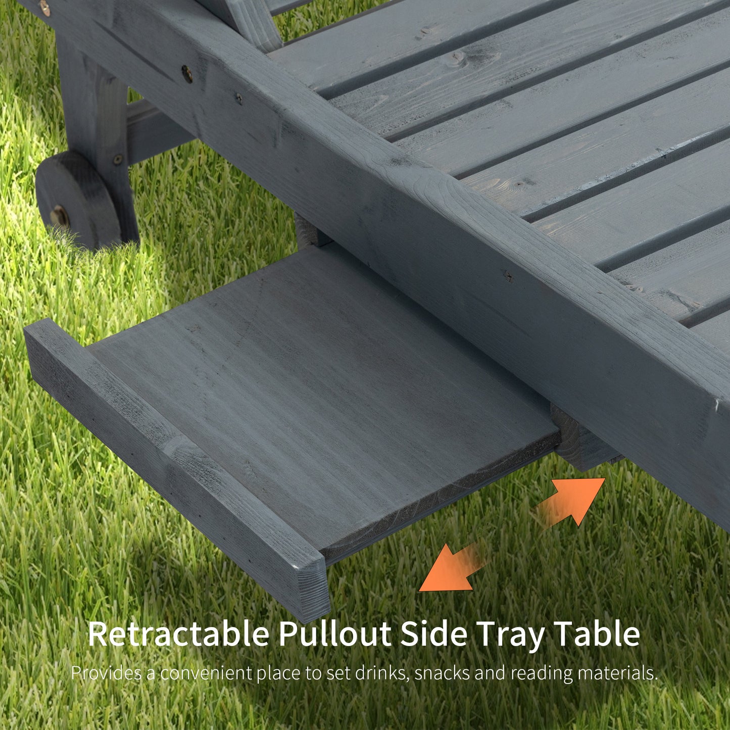 Wooden Sun Lounger Outdoor Patio Sun Bed w/ Pull-out Table Grey