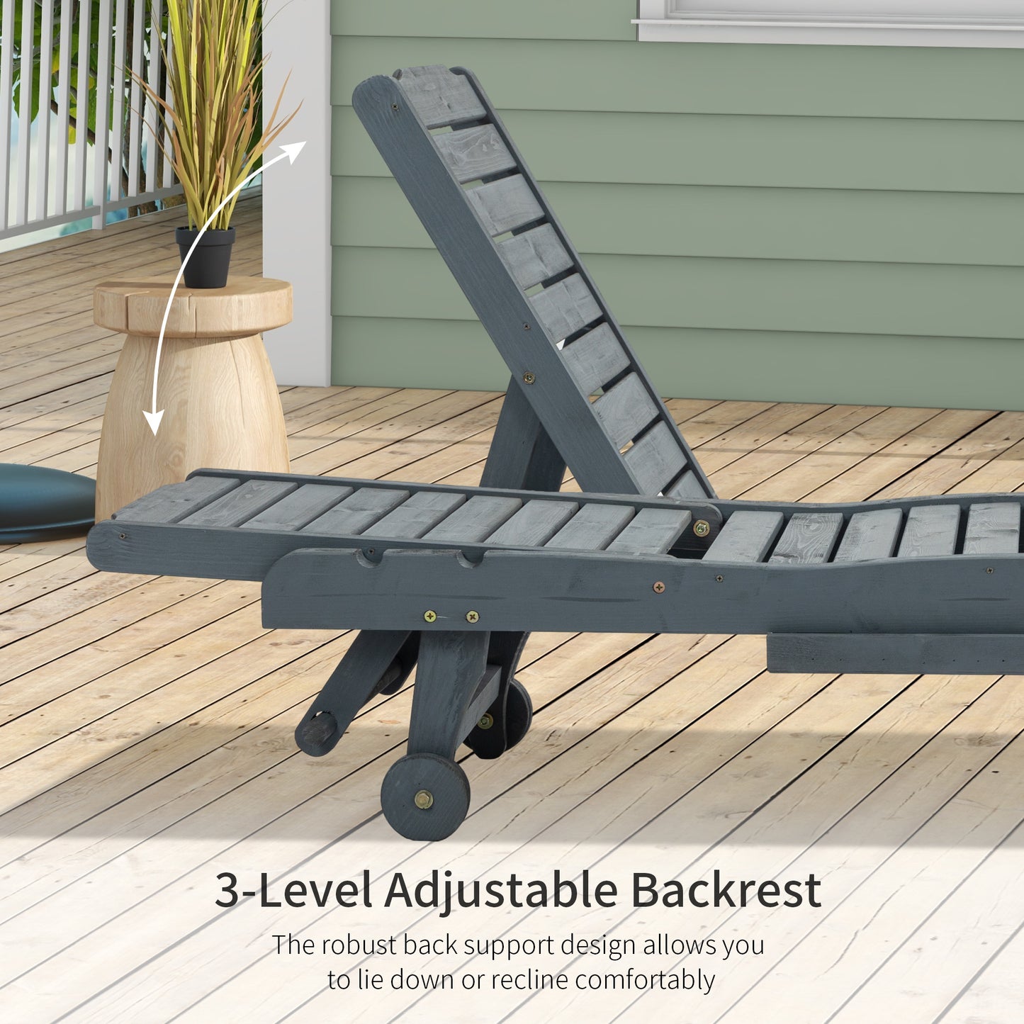 Wooden Sun Lounger Outdoor Patio Sun Bed w/ Pull-out Table Grey