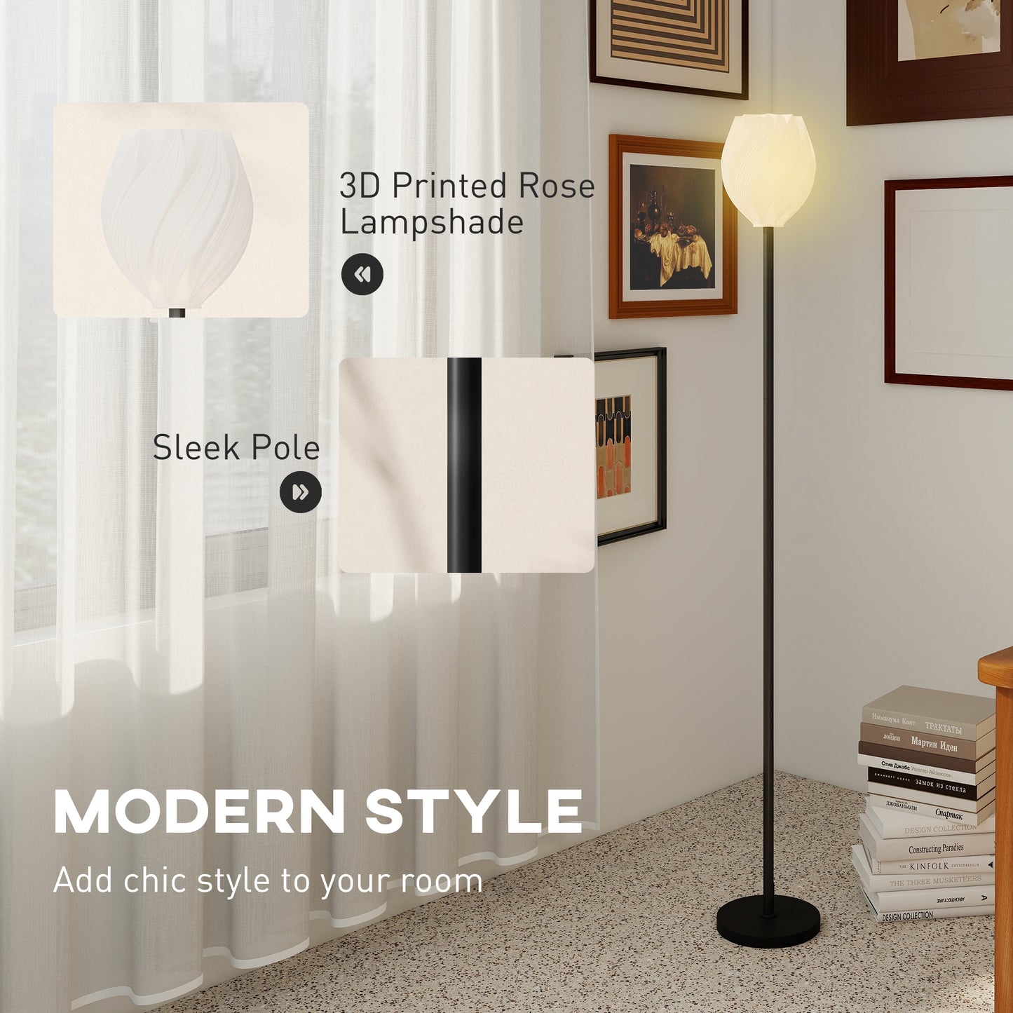 3D Printed Standing Lamp with Rose Shade, 3 Colour Temperature, White