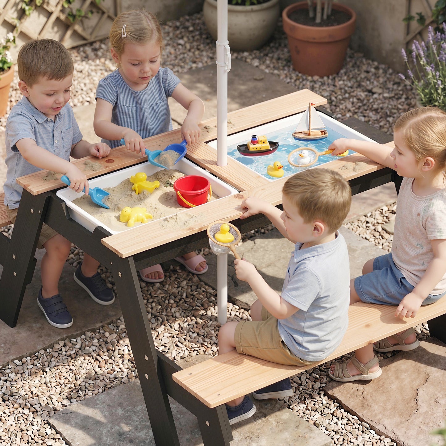 Picnic Table for Kids with Sunshade Parasol, 3 in 1 Wooden Sand and Water Table with 2 Hidden Play Boxes, Kids Garden Furniture for Patio, Garden, Ages 3-6, Natural Wood