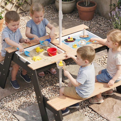 Picnic Table for Kids with Sunshade Parasol, 3 in 1 Wooden Sand and Water Table with 2 Hidden Play Boxes, Kids Garden Furniture for Patio, Garden, Ages 3-6, Natural Wood