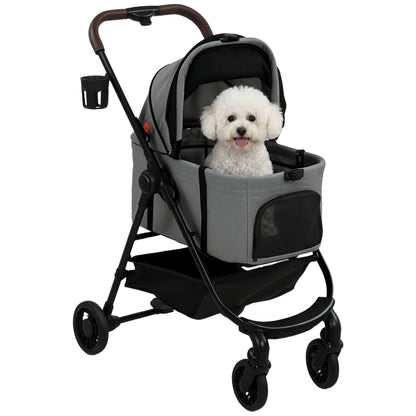 Dog Stroller, 3 in 1 Foldable Pet Stroller for Small Puppy Cat with Detachable Travel Carrier, 4 Wheels Dog Pram with Storage Basket, Seat Leashes, Mesh Window, Grey