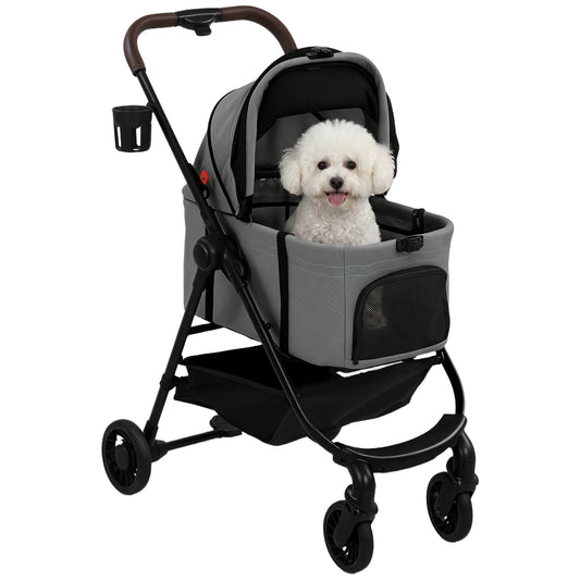 Dog Stroller, 3 in 1 Foldable Pet Stroller for Small Puppy Cat with Detachable Travel Carrier, 4 Wheels Dog Pram with Storage Basket, Seat Leashes, Mesh Window, Grey