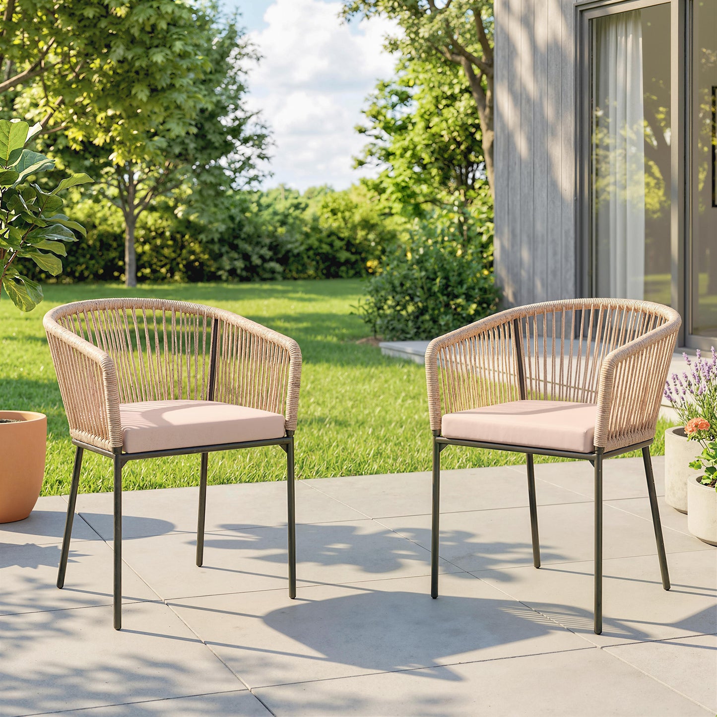 Garden Chairs Set of 2, Rattan Dining Chairs with Cushions, Natural