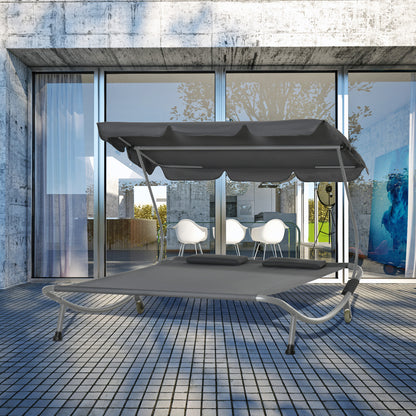 Double Sun Lounger with Adjustable Detachable Canopy, Grey
