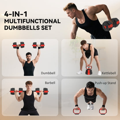 4-in-1 Adjustable Weight Dumbbells Set, 30kg Free Weights Set, Red