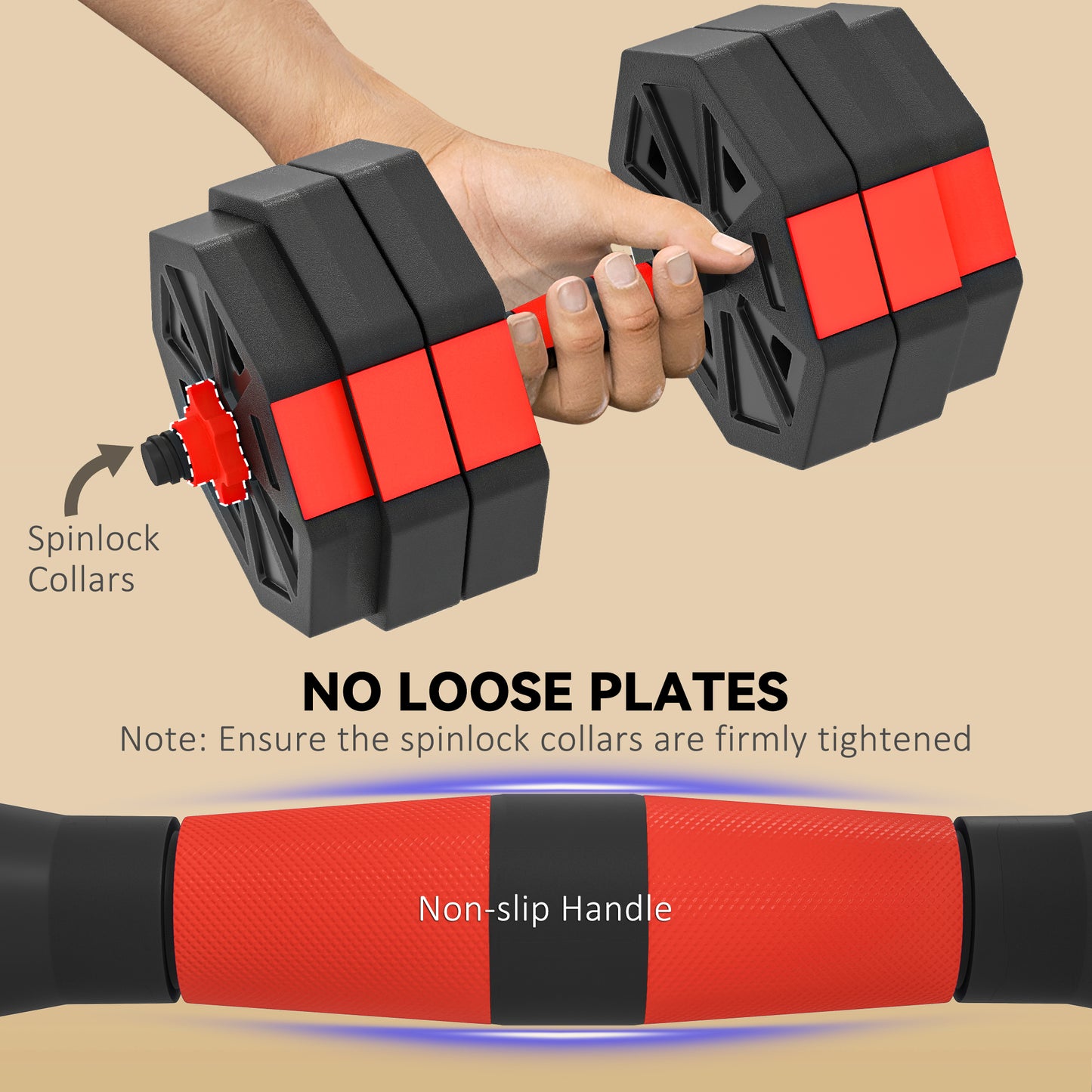 4-in-1 Adjustable Weight Dumbbells Set, 30kg Free Weights Set, Red