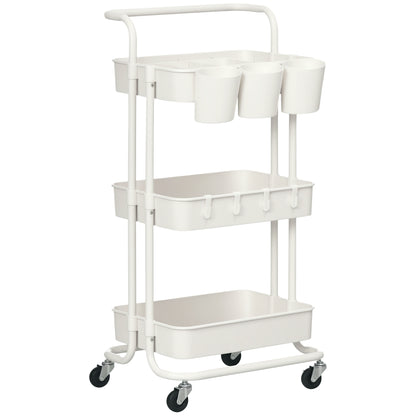 3-Tier Utility Cart, Rolling Serving Trolley with Baskets, White
