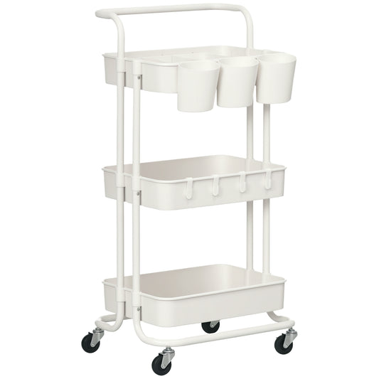 3-Tier Utility Cart, Rolling Serving Trolley with Baskets, White