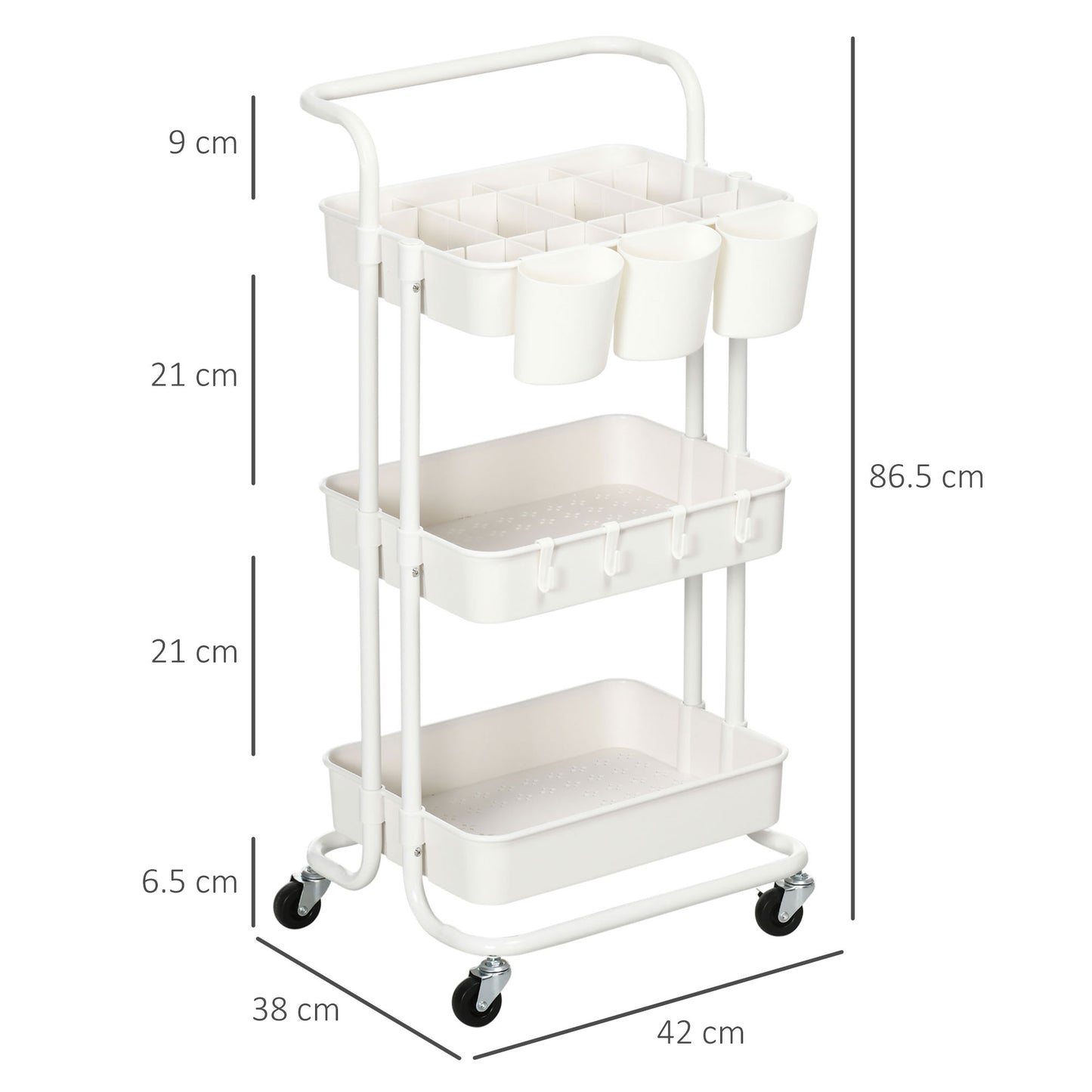 3-Tier Utility Cart, Rolling Serving Trolley with Baskets, White