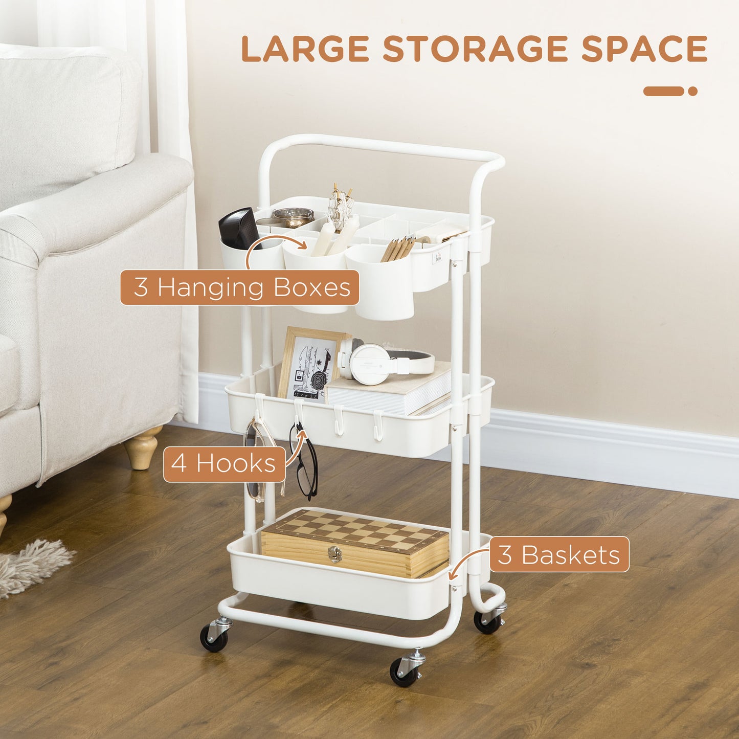 3-Tier Utility Cart, Rolling Serving Trolley with Baskets, White